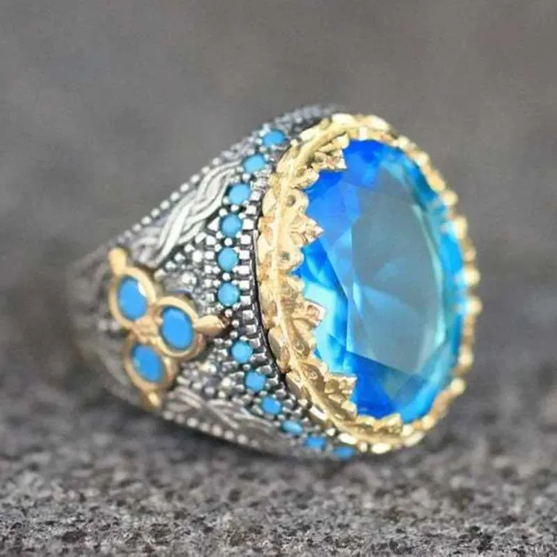 Anillos de banda Exquisitos Reducir con incrustaciones Blue Stone Circon Fashion Metal Wedding Two Tone Engagement Wedding For Women Men Jewelry H240425