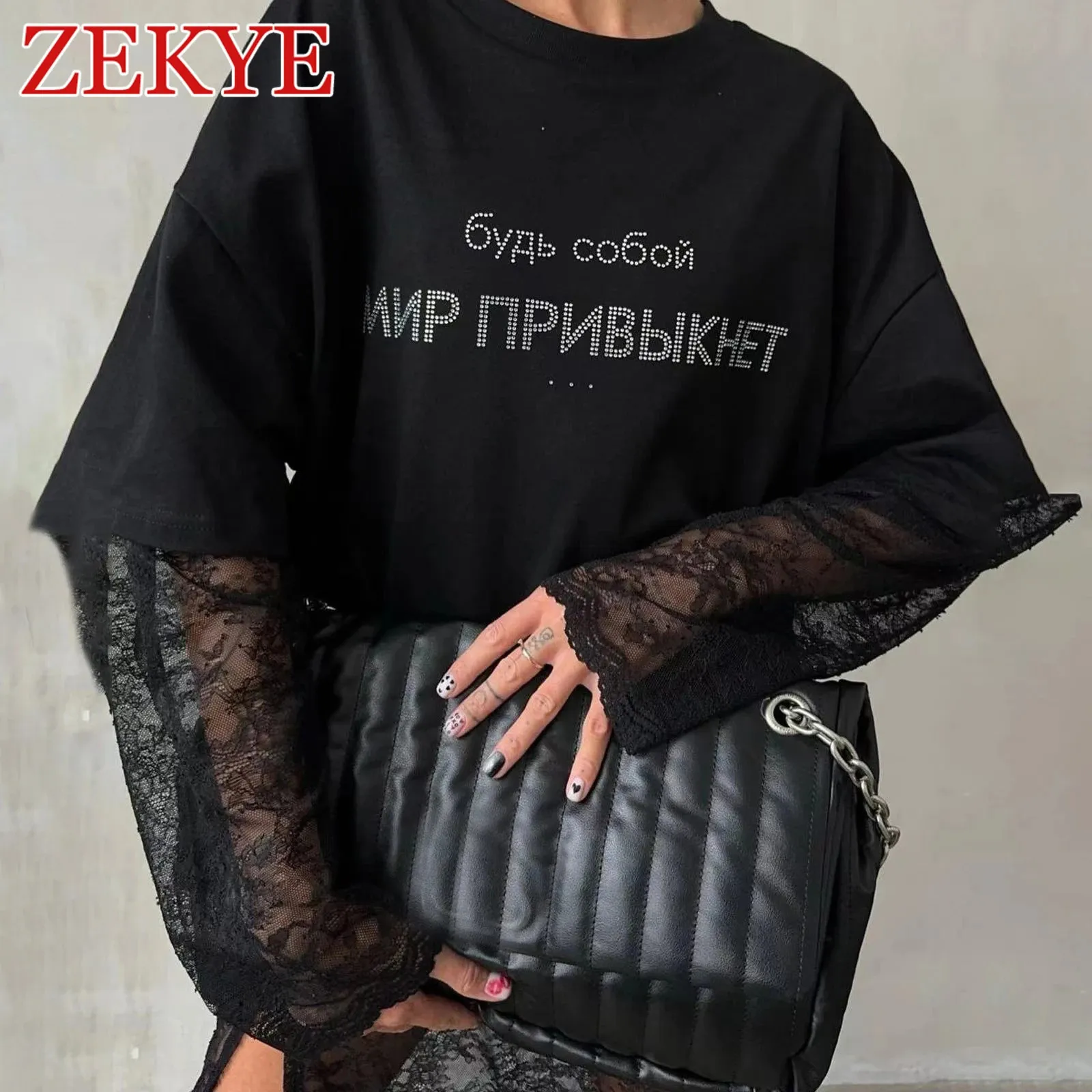 Zekye Summer Oversized Black t Shirts For Woman Luxury Rhinestone Letter Chic Casual O Neck Goth Loose Basic T -shirt Harajuku 240416