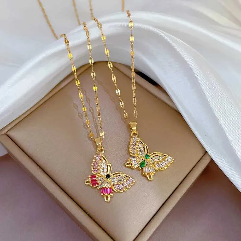 Colares Aço Inoxidável Elegante Declaração Borboleta Pingente Colar Strass Corrente para Mulheres Bling Cristal Gargantilha_voghion.com