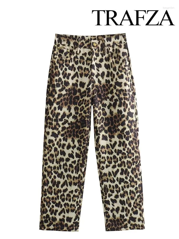 Calça feminina trafza feminino moda 2024 leopardo casual cálculo alta feminino chique de botão de botão de botão slim calças finas