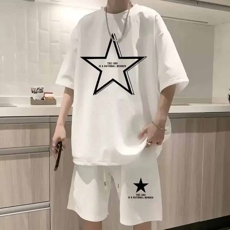 Zomer T-shirt Set Men Star Print Pure Cotton Tracksuit 2-delige sets Outfits Man Sportswear Hip Hop Streetwear S-5XL240416