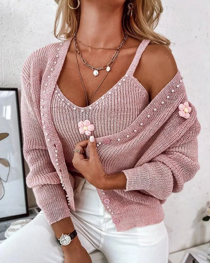 Malhas femininas 2024 Autumn Pearl Decorado suéter sólido Cardigan de malha de madras
