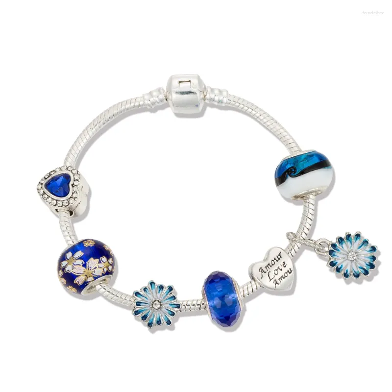 Bracelets Charm Viovia 2024 Amistad Llegada Beads of Color Blue Heart Flowers Diseño Daisy para pulsera original Mujeres B20022