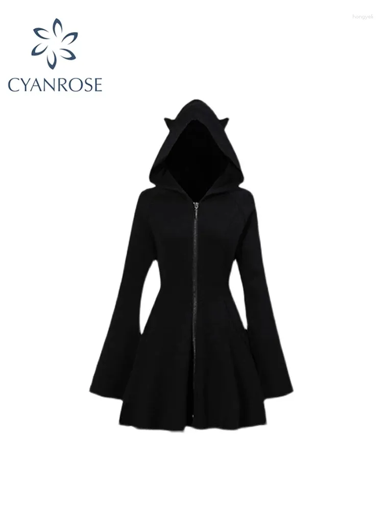 Casual Dresses Women's Black Gothic Hooded A-Line Dress Y2K Korean Emo 2000s Vintage Long Sleeve 90s Grunge One Piece Frocks 2024 kläder