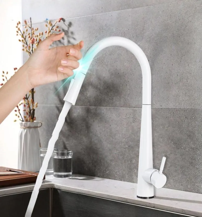 White Touch Sensor Kitchen Faucets Pull Out Smart Mixer Tap 2Ways Sprayer Kitchen Faucet 360 Rotation Cold Water Taps Crane7752700