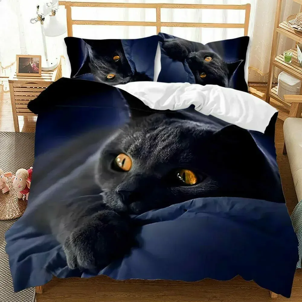 Set Cat Däcke Cover Set Girls Boys Sweet Blue Cat 3D Print Bedding Set Bold Blue Animal Double King Size Polyester Quilt Cover