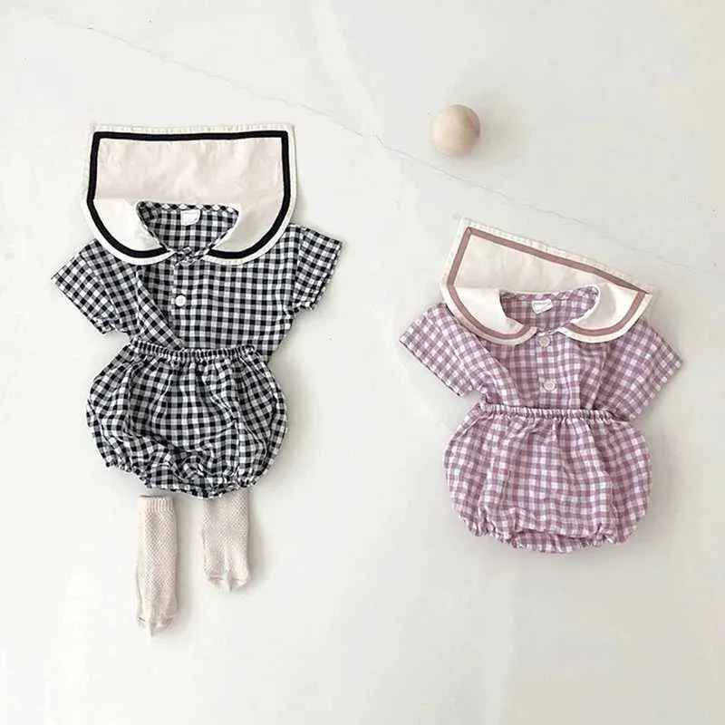 Kleidungsstücke Babykleidung karierte T-Shirts und Baumwollbloomer 2pcs Sets Trun-Down-Kragen Kleinkindanzug koreanische Kleinkind Outfits H240425