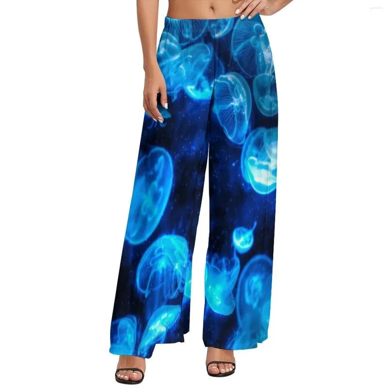 Damesbroeken NAUTISCHE JELLIES Print Blue Jellyfish Trendy brede vrouwelijke oversized esthetische aangepaste rechte broek