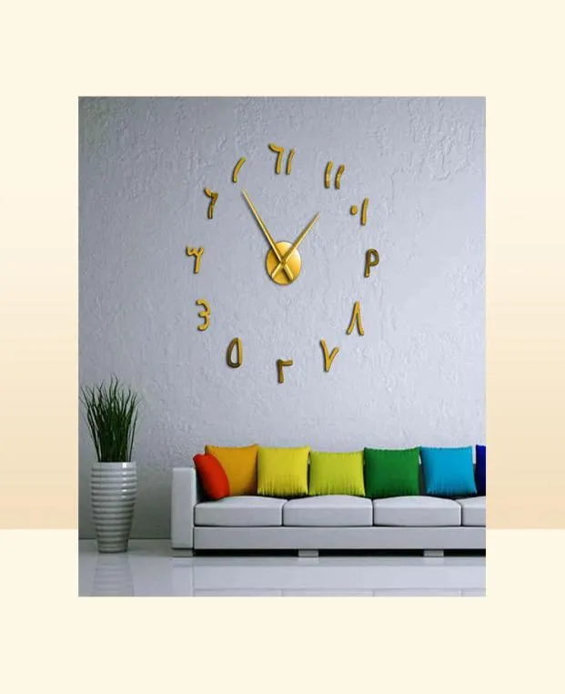 Wandklokken Arabische nummers DIY Giant Wall Clock Arabische nummers Acryl Mirror Effect Stickers Frameless Large Silent Wall Watch HO3916229