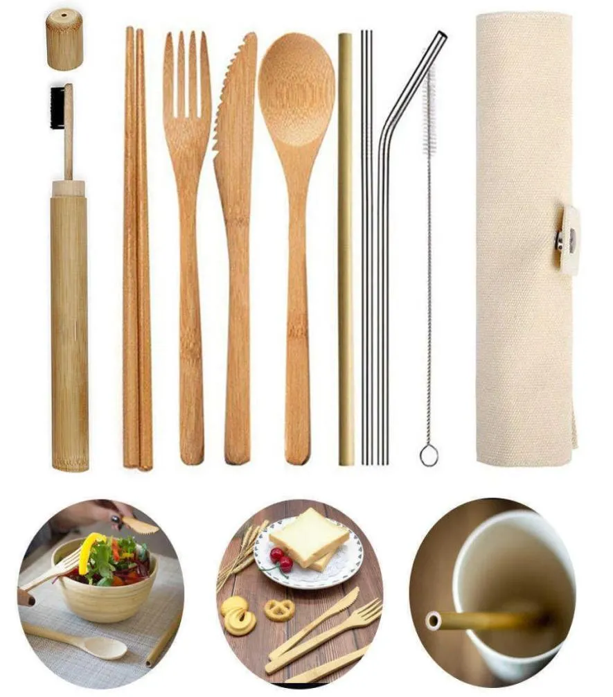 Återanvändbar knivredskap BAMBUBUSKRAVER PORTABLE Spoon Fork Chopstick With tygpåse Eco Friendly Picnic Cutlery Set T191213242819