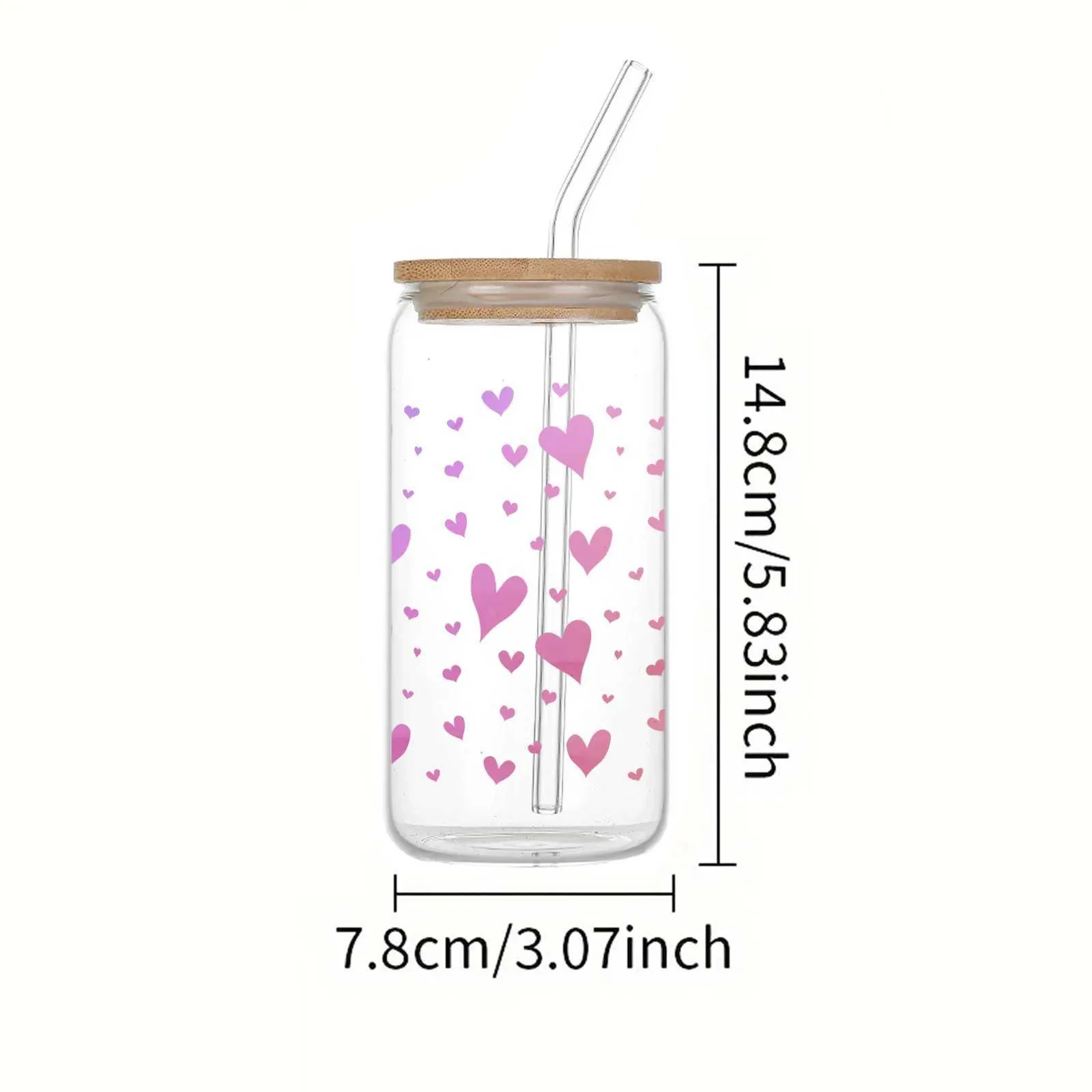 Tumblers 16oz Cute Pink Heart Pattern With Bamboo Lid Glass Straw Juice Hot And Cold Drink Bottle Suitable For Summer Ice Cream H240425