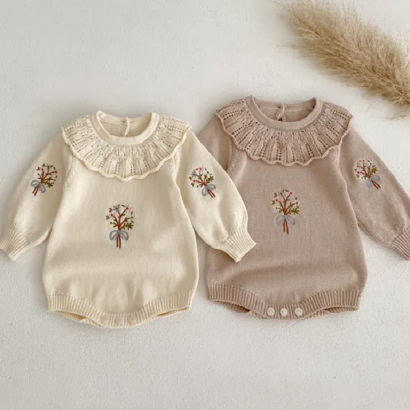 One-Pieces gestrickt Baby Kleidung Neugeborene Herbst Winter Baby Girl Pullover Strampler Sticker Rüsche Baby Strampler Pullover Mädchen Kleinkind Jumpsuit