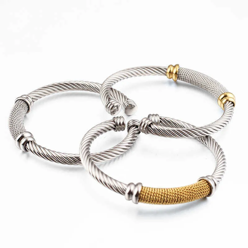 Partihandel av europeiska och amerikanska rostfritt stål mesh vävda C-formade öppna armband för kvinnors 18K guldsmycken 5mm ståltrådarmband