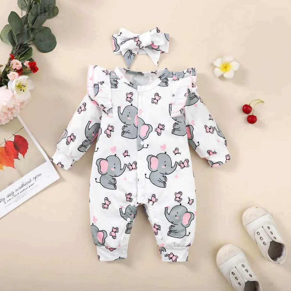 Rompers 0-18 maanden Rompers voor pasgeborenen lange mouw babymeisje jumpsuit schattige olifanten print baby bodysuit peuter meisje kleding d240425