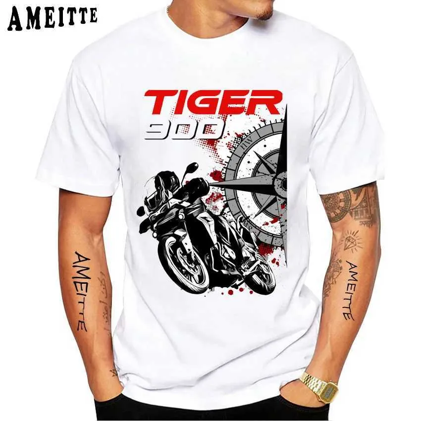 Camisetas masculinas Novo verão Men Slve Slve Tiger 800 900 1200 Classic Design T-shirt Motorcycle Sport Print White Casual Boy Rider TS T240425