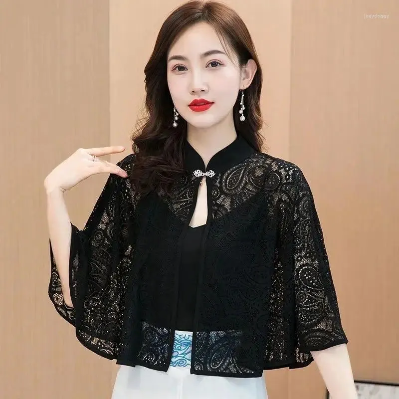 Women's Knits 2024 Korean Sun Protection Clothing Thin Shrug Summer Chiffon Lace Shawl Tops Women Elegant Breathable Shawls Cape