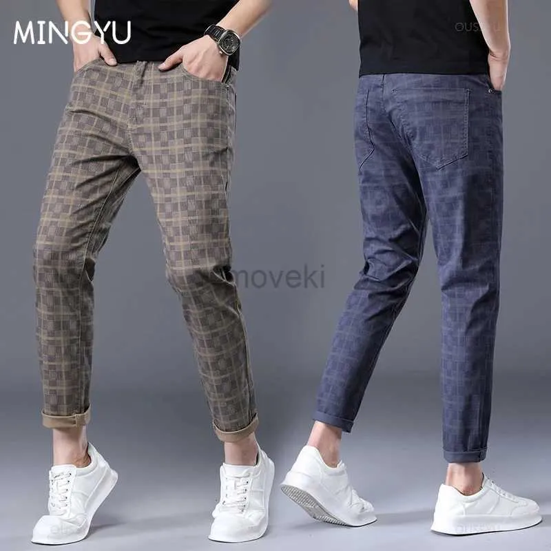 Men's Pants Spring Summer Brand Clothing Plaid Ankle Length Pants Men 98%Cotton Classics Retro Business Banquet Party Casual Trousers Male d240425