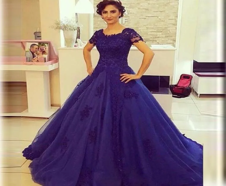 Royal Blue Long Evening Dress 2023 Short Sleeve Lace Up Back Ball Gown Tulle Formal Party Dresses Appliques Quinceanera Dresses3962707
