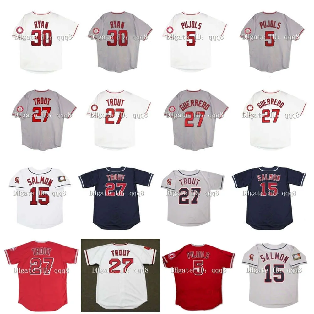 Kob Vintage 1994 California Mike Trout Jersey 15 Tim Salmon 30 Nolan Ryan 5 Albert Pujols 27 Vladimir Guerrero Red White Grey Baseball Maglie da baseball