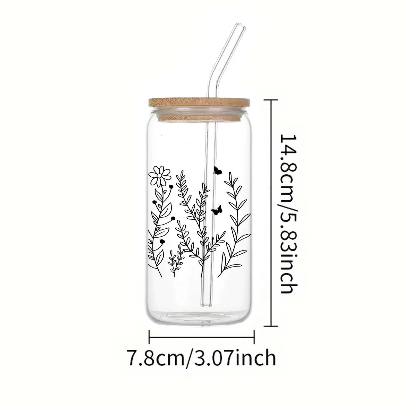 Gobelers fleurs de ligne noire transparent le verre à boire Can avec du bambou couvercle de paille de paille tasse de lait pour les boissons chaudes / froides cadeaux h240425