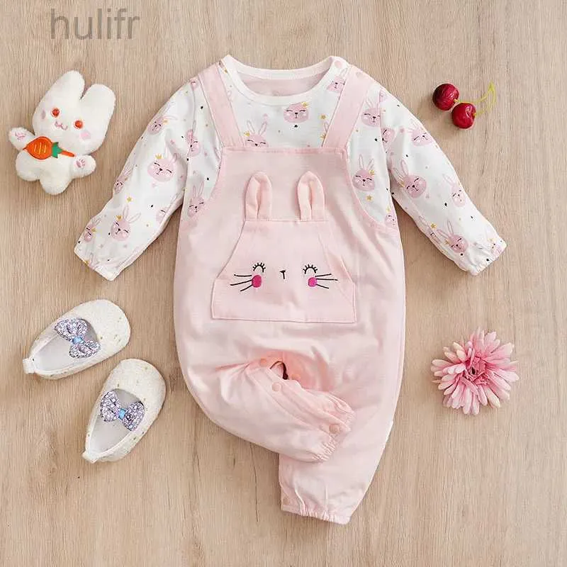 Rompers Spring and Automne Newborn BodySuit mignon lapin complet imprimé complet faux deux pièces pantalon fille bébé bodys à manches longues coton pur D240425