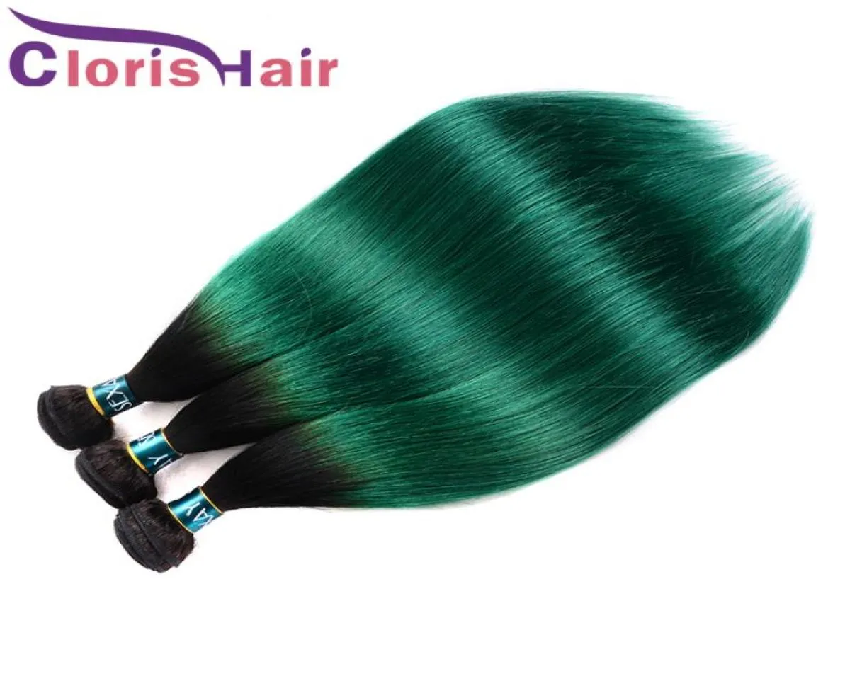 PreColored Green Ombre Raw Virgin Indian Straight Weft Bundles Two Tone 1B Turquoise Human Hair Weave 3pcs Exquisite Sew In Exten5235655