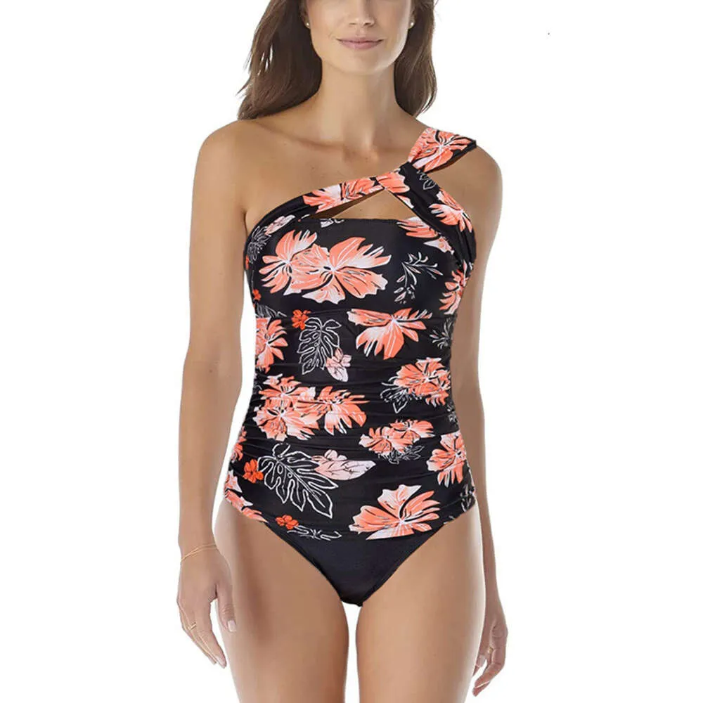 Kobiety rozdzielające ciało bikini jedno ramię w kolorze solidnym kolorze wydrukowane plisowane brzuch pokrywające seksowny i spersonalizowany modny strój kąpielowy