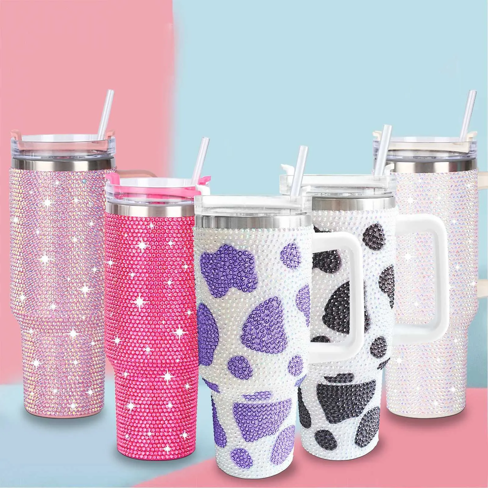 Tumblers 40 oz glanzende diamant tuimelen koffie isolatie beker roestvrijstalen auto fles rietje large capaciteit strass Rhinestone H240425