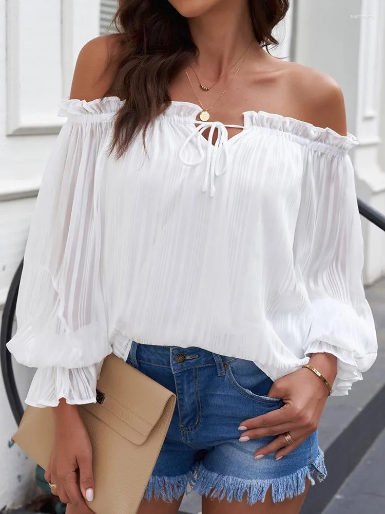 Women's Blouses 2024 Zomer Ruches Chiffon Shirt Women European en American Leisure Striped Off-The-Shoulder pullover Long Sleeve Loose