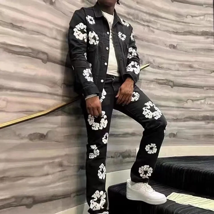 Mens Slim Flame Kapok Denim Pants Cotton Denim Trousers Street Hip