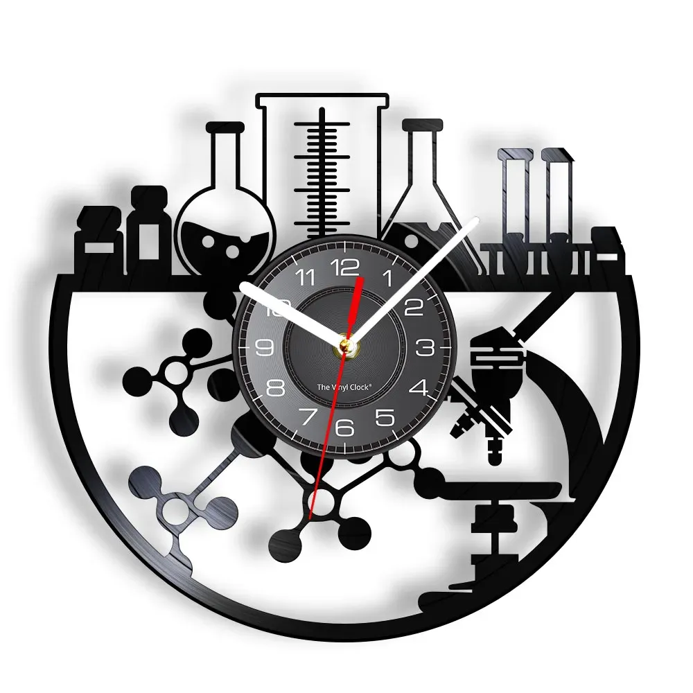 Klockor Chemical Experiment Vinyl Record Wall Clock Chemistry Microscope Bunsen Burner Retro Wall Watch Laboratory Science Decor Watch