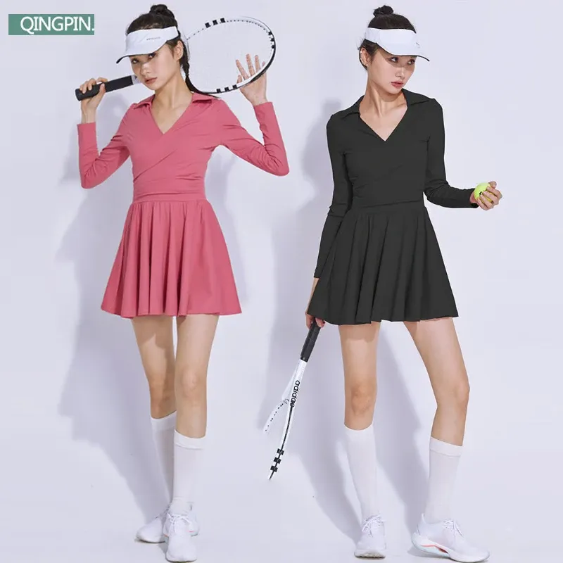 Szorty damska sukienka golfowa sportowy tenis sukienka z długim rękawem vneck trening spódnice damskie talia plisowana odzież golfowa