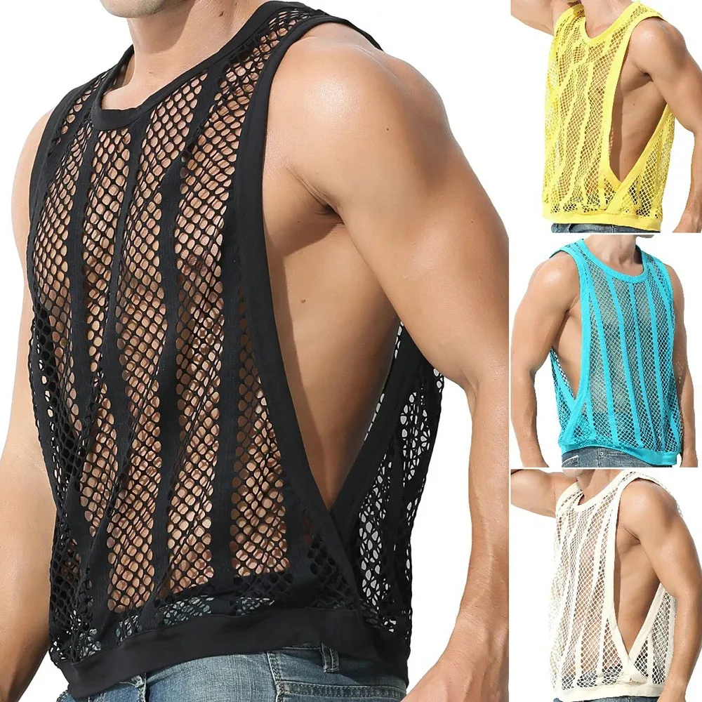 Mens Fitness Vest Sleeveless Nightclub Sexy Mesh Transparent Hollow Vest Casual See-Through Fishnet Muscle T-Shirt Vest 240410