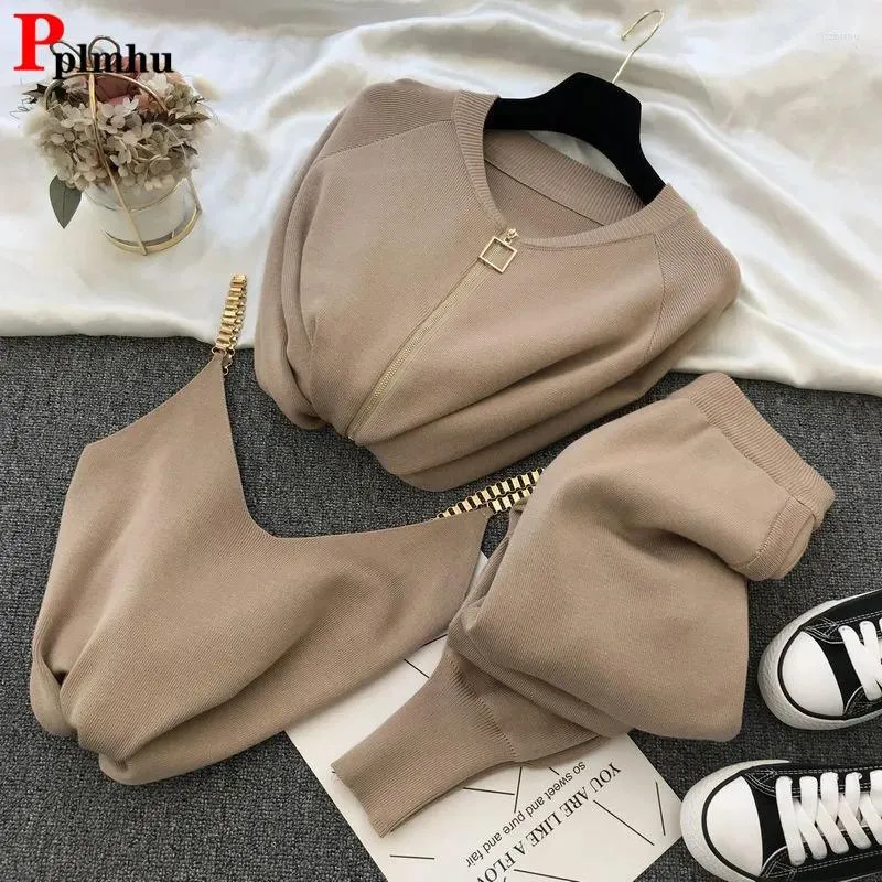 Pantaloni da donna a due pezzi Korean Knit 2 pezzi Set Women Knitwear Cinper Coats Tops Gret Chain congiunti congiunti casual High Waist Lunghezza