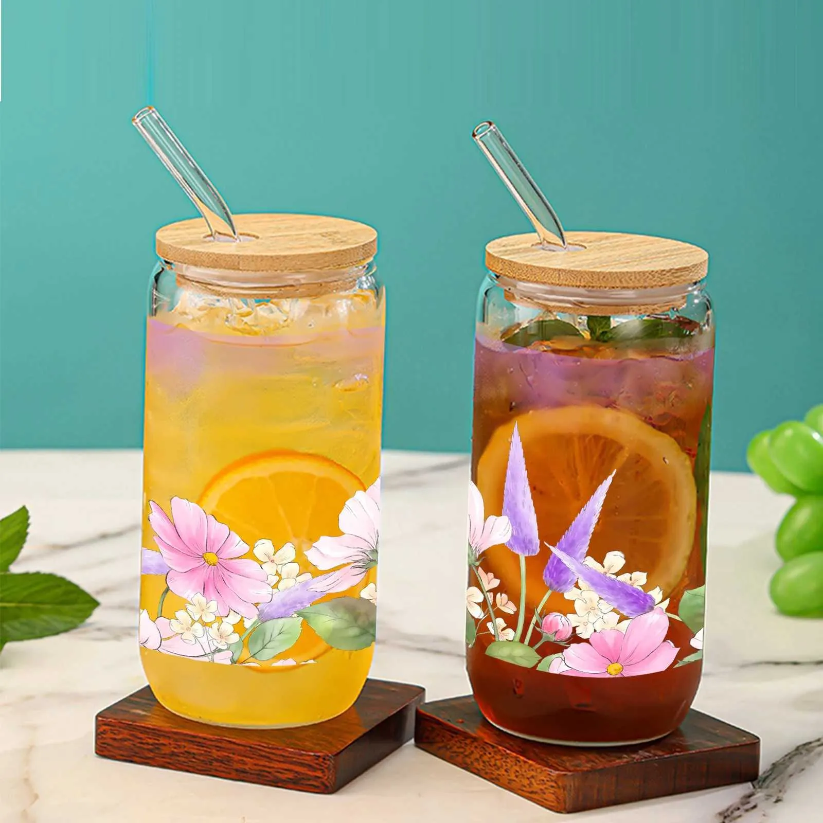 Gobelers 1pc Flower Series Verre à boire transparent avec couvercle en bambou et paille tasse de café Juice Brinks Drinkware Gift For Friend H240425