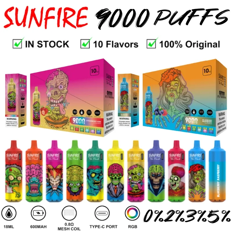 Sunfire Tornado 9000 Puff Disposable Vape Pen Factory Sells Rechargeable Electronic Cigs 9K 0% 2% 3% 5% E Cigarettes RVB Light 10 saveurs 0,8 ohm Mesh Coil 18 ml POD Batterie