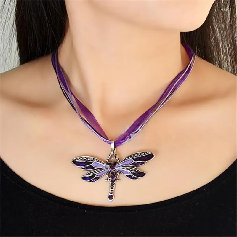 Pendant Necklaces Vintage Crystal Dragonfly Silk Ribbon Necklace Creative Design Metal Insect For Women Accessories Jewelry