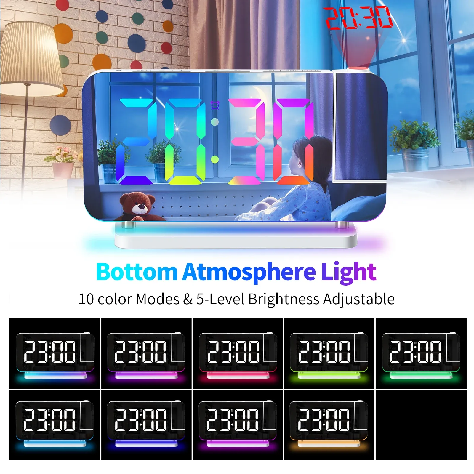 Clocks Projection Alarm réveil pour chambre à coucher 7 pouces RVB Horloge numérique LED colorée avec surface de miroir 630
