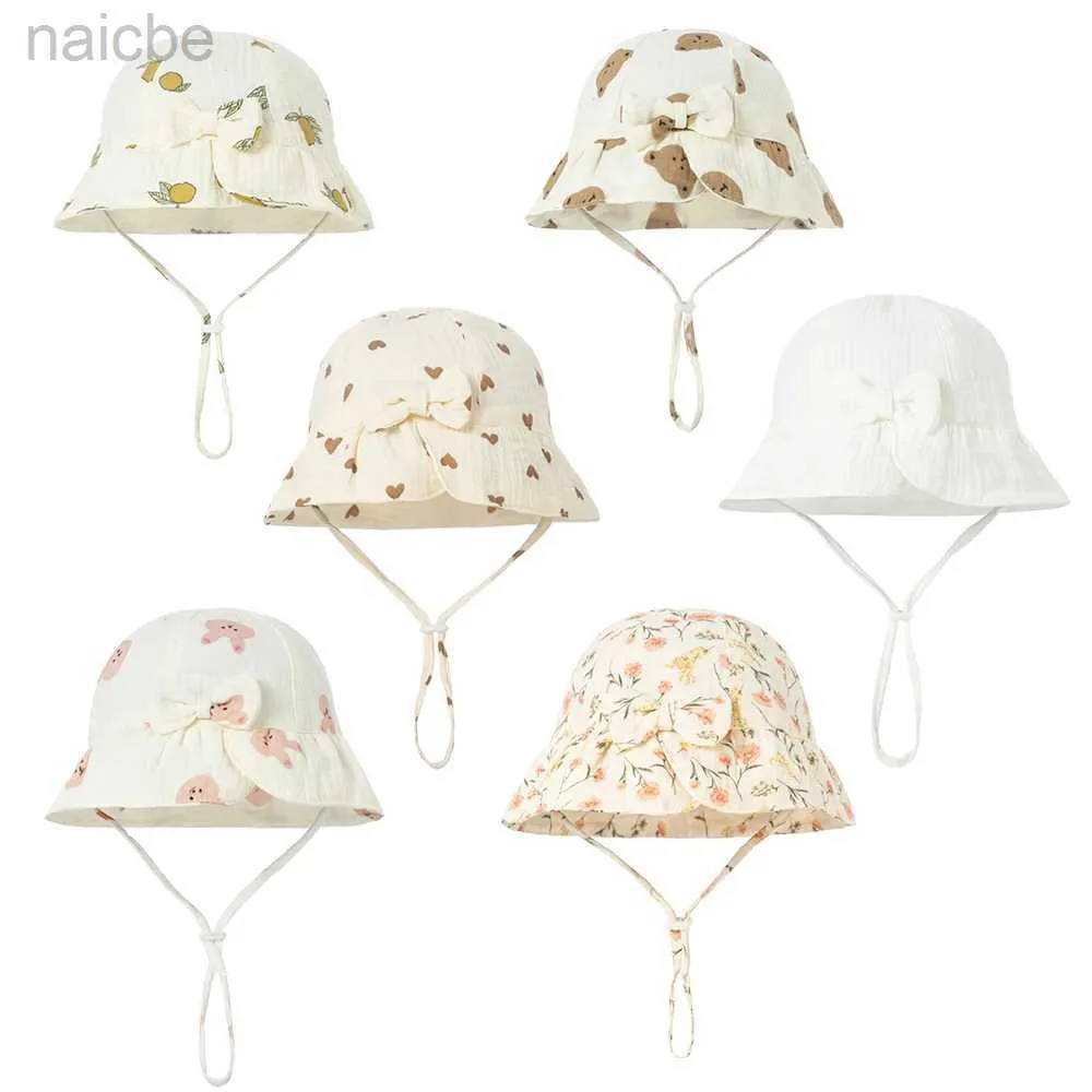 Caps Hats Spring Summer Outdoor Baby Girls Hat Prints Bowknot Fisherman Hat Cotton Baby Bucket Hat Panama for Kids Toddler Sunscreen Cap d240425