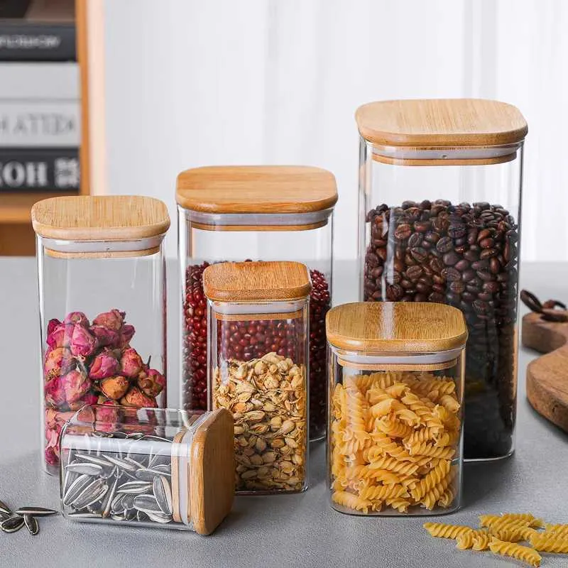 Storage Bottles Jars Square Mason jar with bamboo lid used for wholesale of spices glass containers jars covered cookie kitchen and lids H240425