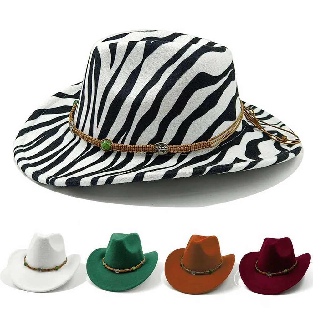 Breite Krempe Hüte Bucket Hats 2022 Neue Zebra Design Frauen Herren Wolle Western Cowboy Hut für Gentleman Lady Winter Herbst Jazz Cowgirl Wolle Fedora Jazz Cap Y240425