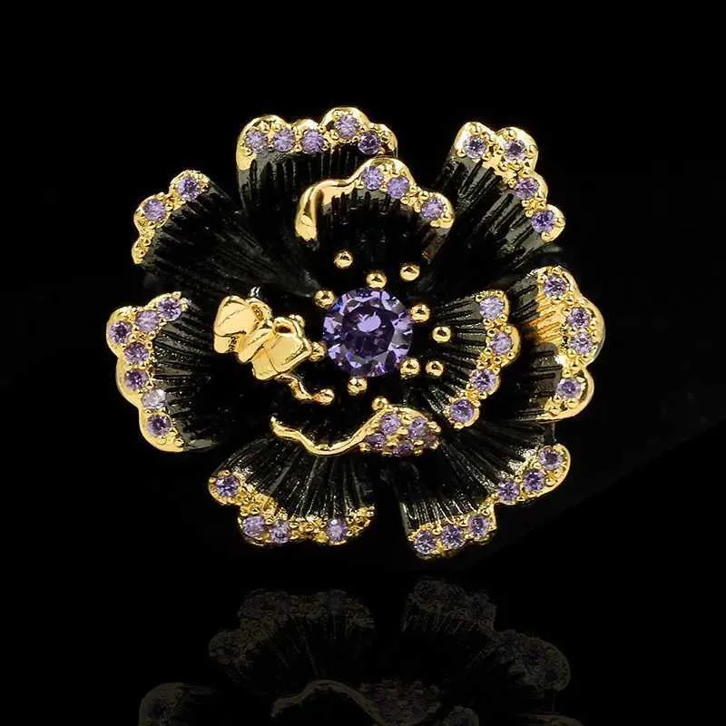 Bandringe exquisite kreative blühende Blumen stoppen Schmetterlingsring Schwarz Gold 925 Silberschmuck Luxus lila glänzende Zirkon Damen H240425