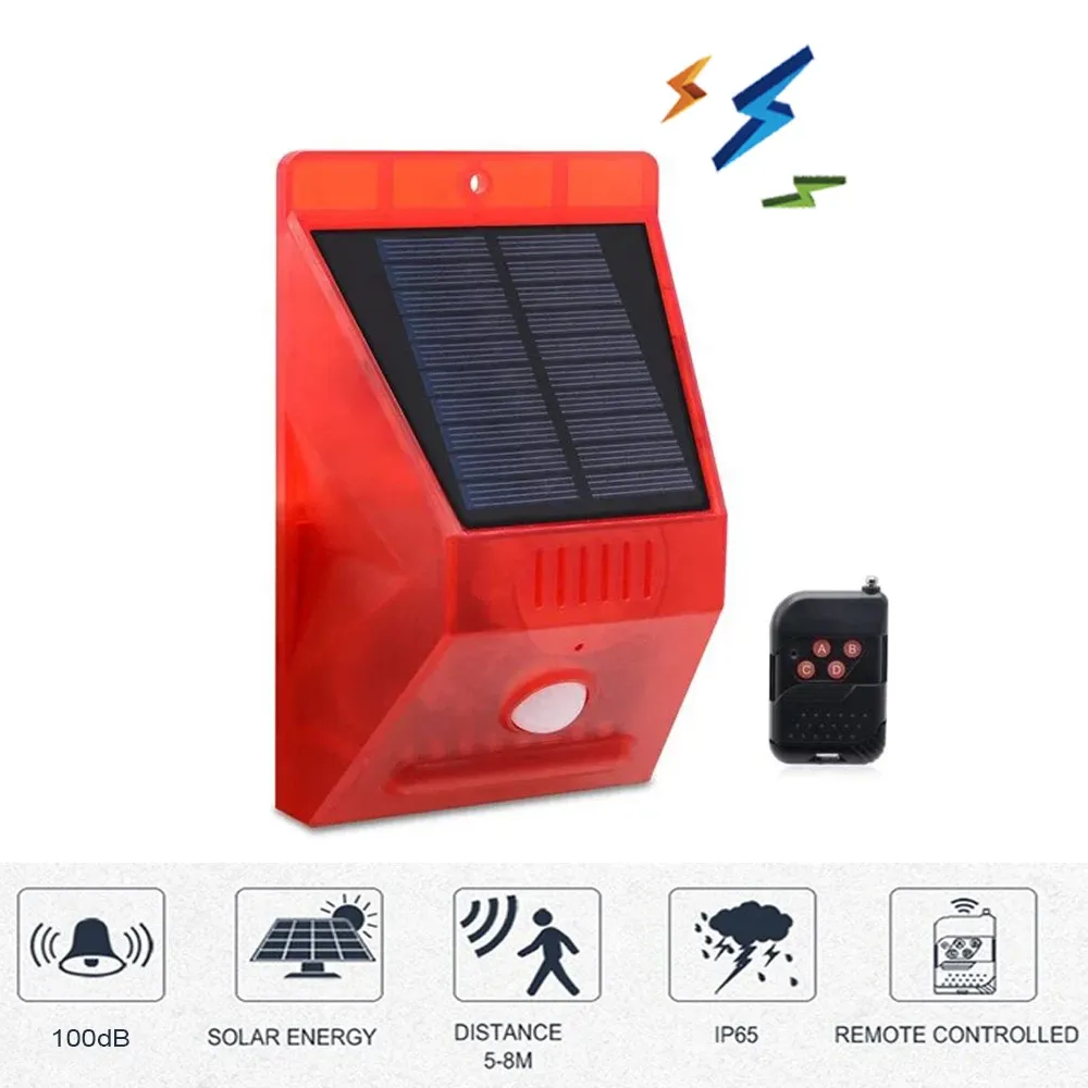 Siren Aixishs Outdoor Solar Siren Alarm Waterproof PIR Movement Detekcja 4 Tryby robocze (dzień/noc)