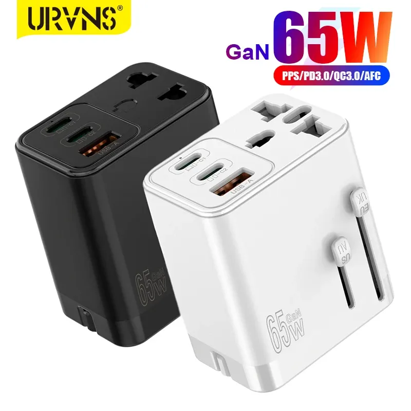 Chargers Urvns 65W Gan Travel Plug Adapter z 2USBC PD i 1USBA Worldwide Universal Charger UK EU AU US Converter dla telefonów laptopów