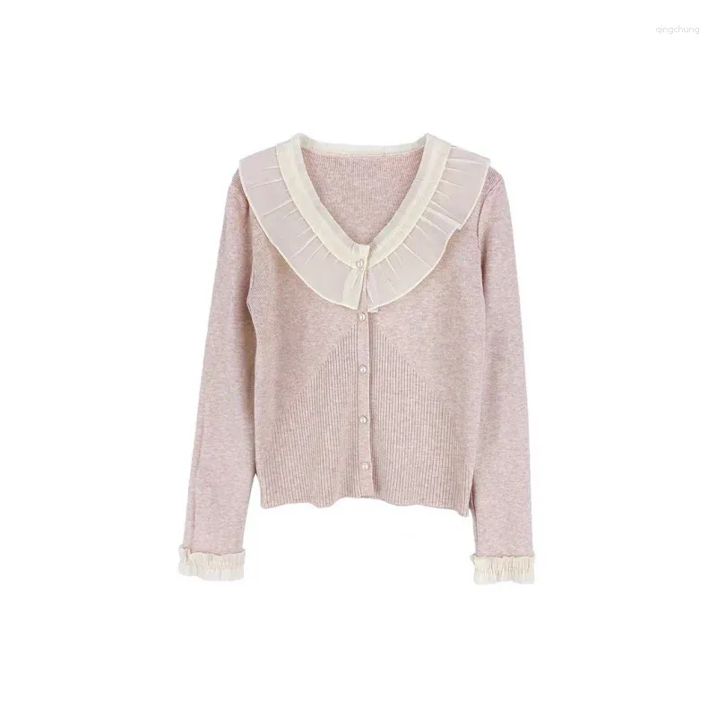 Kvinnors stickor 2024 Spring Woman French Ruffle Patchwork Mori Cardigan Single-Breasted Sweater Knitwears Vintage Estetic Design Söt