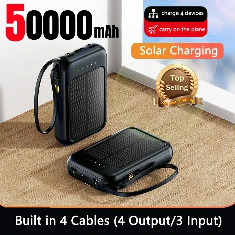 Bank 50000 Mah Solar Power Bank Thin Light kommer med Fourwire Externt batteri Portable Daily Power Bank för Samsung Apple Xiaomi