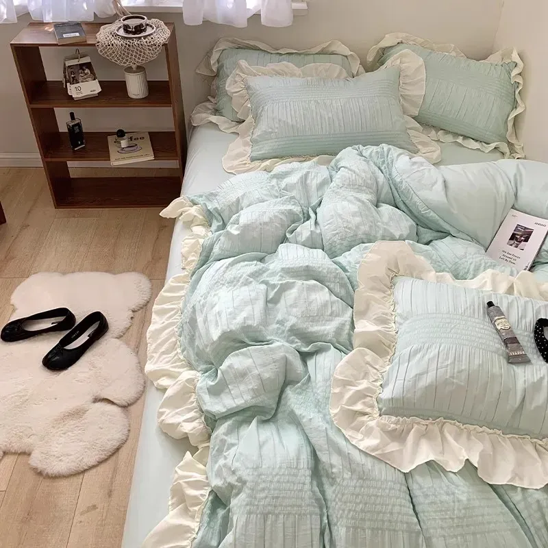 セットカワイイ韓国のプリンセス寝具セットクイーンツインサイズソリッドカラーダブルベッドフィットシーツホームフリル布団キルトカバーセット
