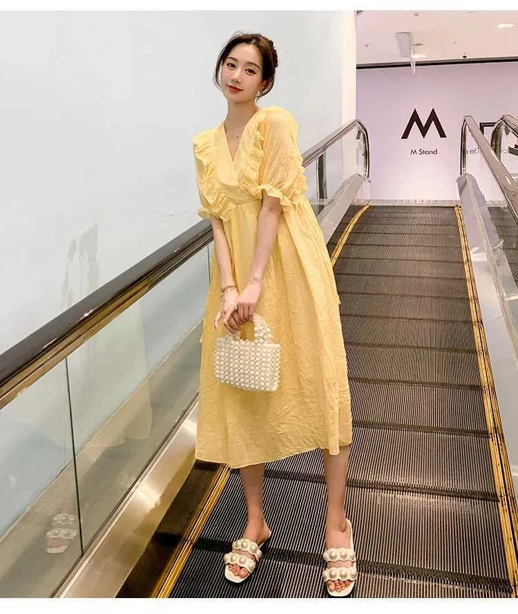 Maternity Dress Blue Yellow Patchwork V-neck Short Sleeve Ruffle Empire  Pleated Casual Pregnancy Dress from Dhgate Maternity Dresses - price 44.49