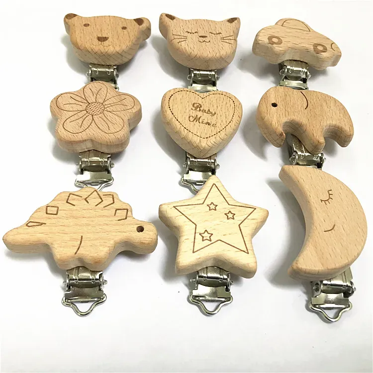 Cartoon Animal Engrave Beech Wood Clip Wooden Dummy Pacifier Clips Unfinished DIY Teething Baby Soothers Holder Multi Patterns