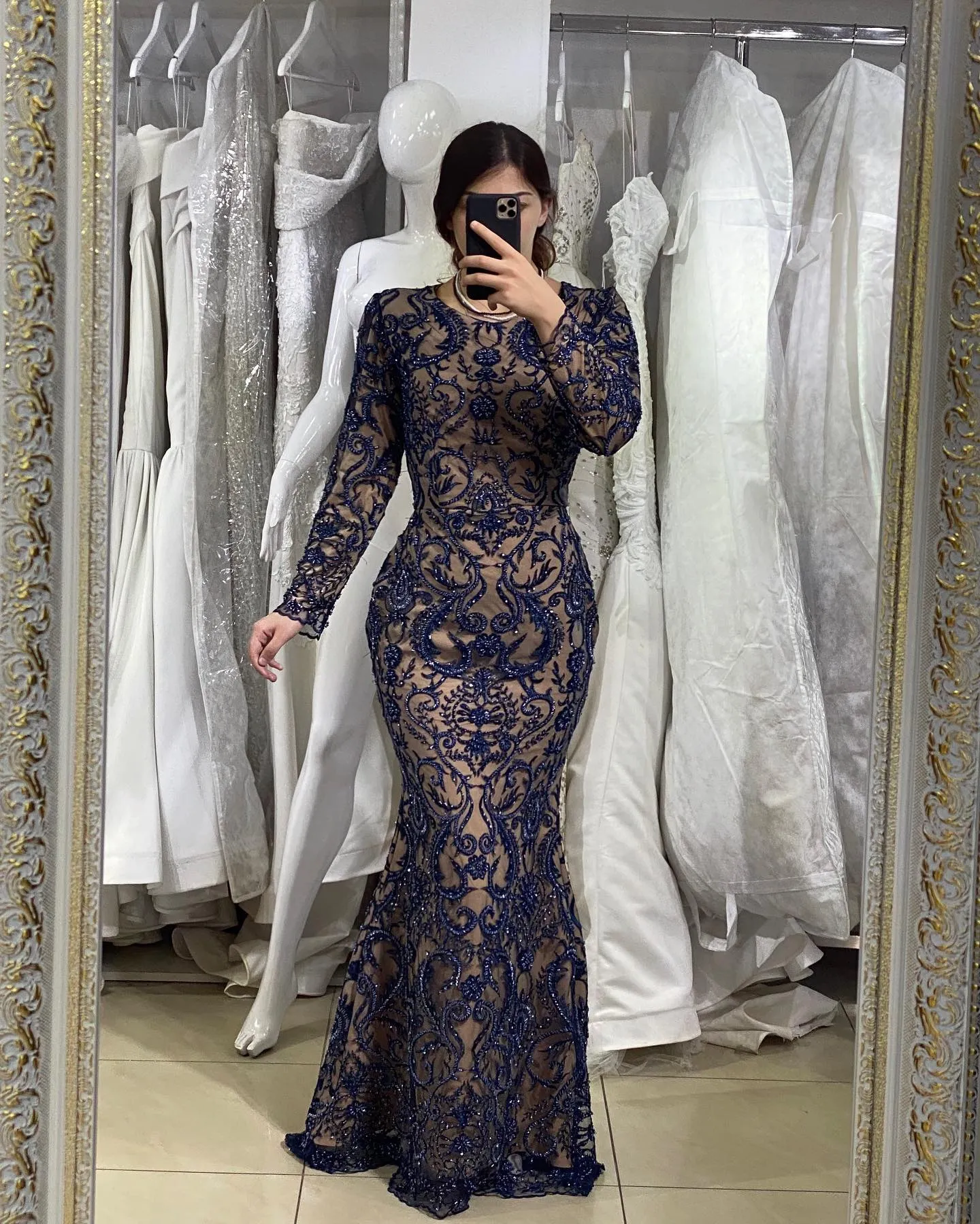 Mermaid Evening Dresses Elegant Jewel Neck Muslim Kaftan Dress with Crystal Beads
